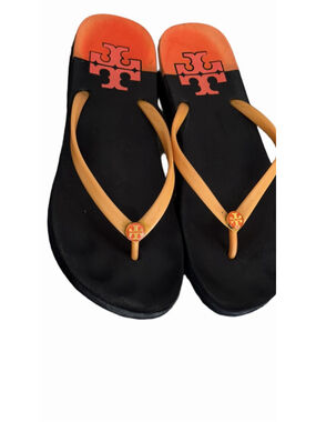 Tory Burch Thin Logo Flip Flops - Orange & Black size 8
